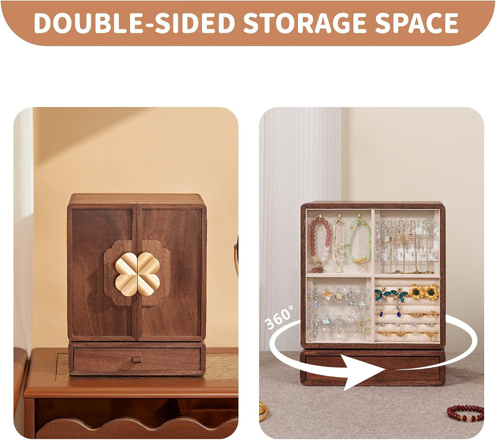 Wooden Jewelry Box for Women Girls, Large Walnut Wood Organizer