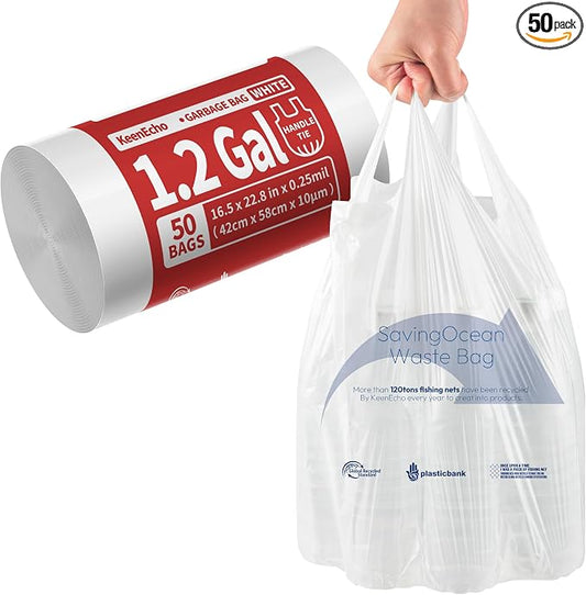 Small Trash Bags with Handles 1.2 Gallon 50 Count White by KeenEcho