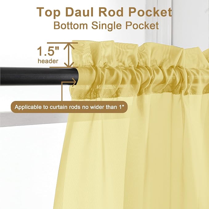 Chyhomenyc Yellow Sheer Curtains 45 Inch Long 2 Panels, Light Filtering Rod - Image 5