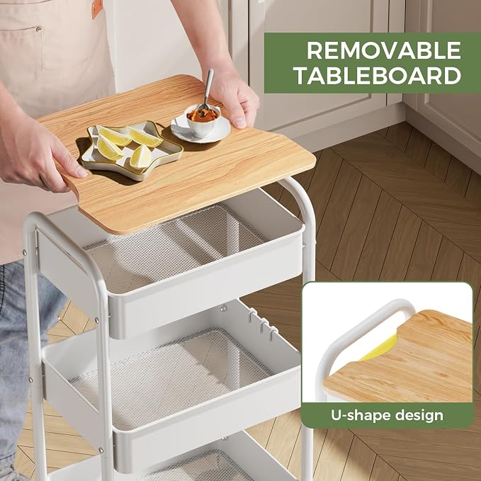 3 Tier Rolling Cart with Table top, Metal Rolling Utility Cart on Wheels - Image 3
