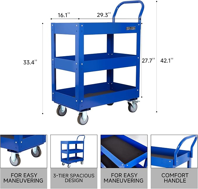 3 Tray 29.3 inch Tool Cart, self Assembly, 300 LBS Capacity Rolling Tool Carts - Image 3