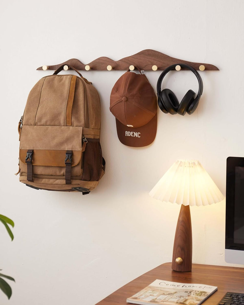 Wood Coat Hooks Wall Mount - Wooden Coat Rack with 8 Gold Brass Hooks for Ent...