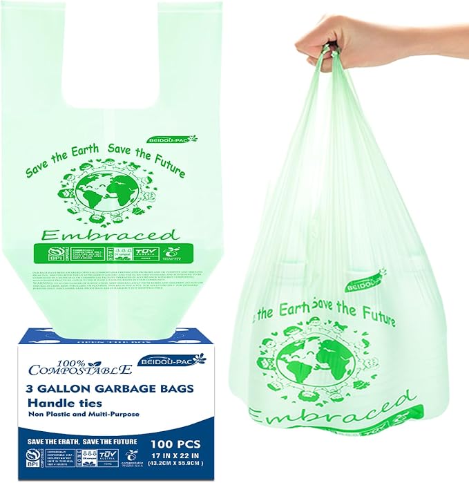 100% Compostable Trash Bags, 3 Gallon Compost Bags Small Kitchen Trash Bags by BEIDOU-PAC