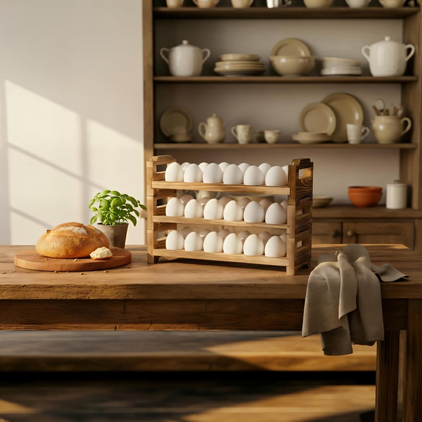 Wooden Egg Holder Countertop, Stackable Egg Organizer, 3-Tier 36 Eggs | Solid natural wood egg holder, farmhouse style. 3-tier stackable saves space. Countertop & fridge use. No chemical coating.