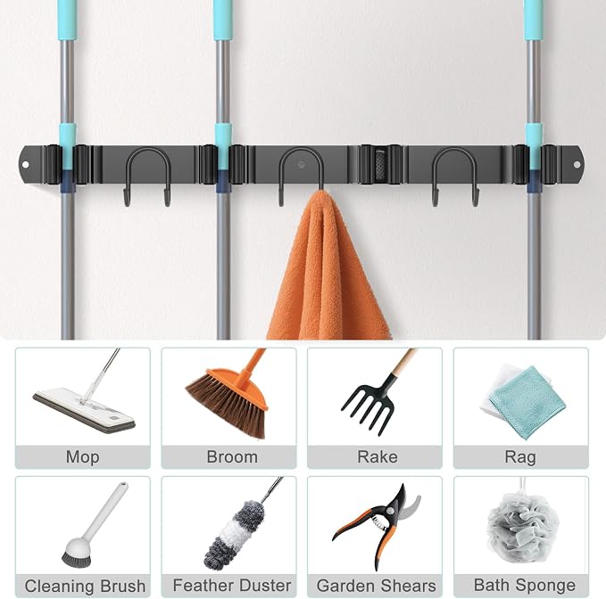 Broom Holder Wall Mount, 2 Packs Black Stainless Steel Tool Storage Organizer - Image 5