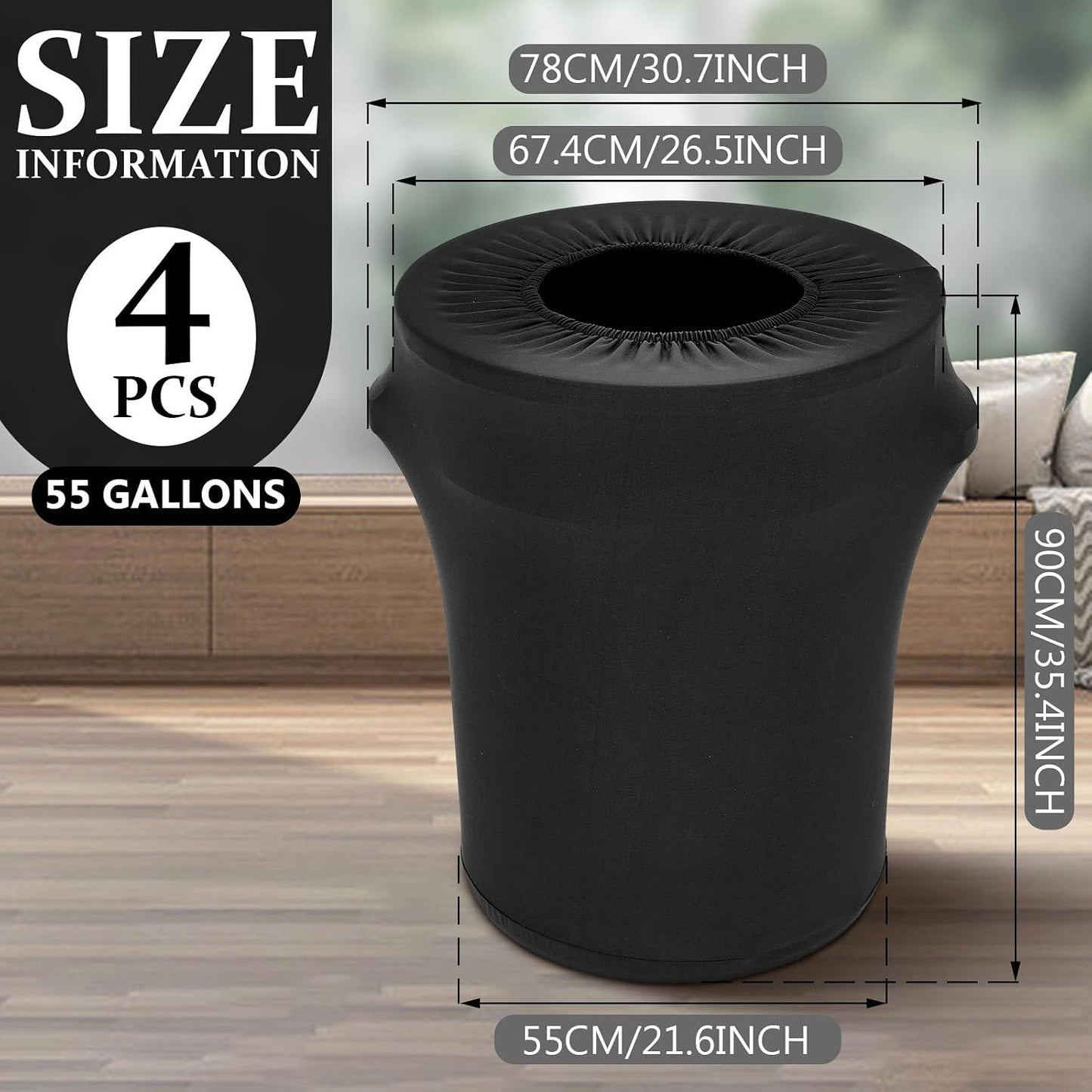 Tanlade 4 Pcs 55 Gallon Stretch Trash Can Spandex Cover Outdoor Waste Garbage Can Spandex Covers for Indoor Kitchen Outdoor Round Waste Container Bin, Without Trash Bin (Black)