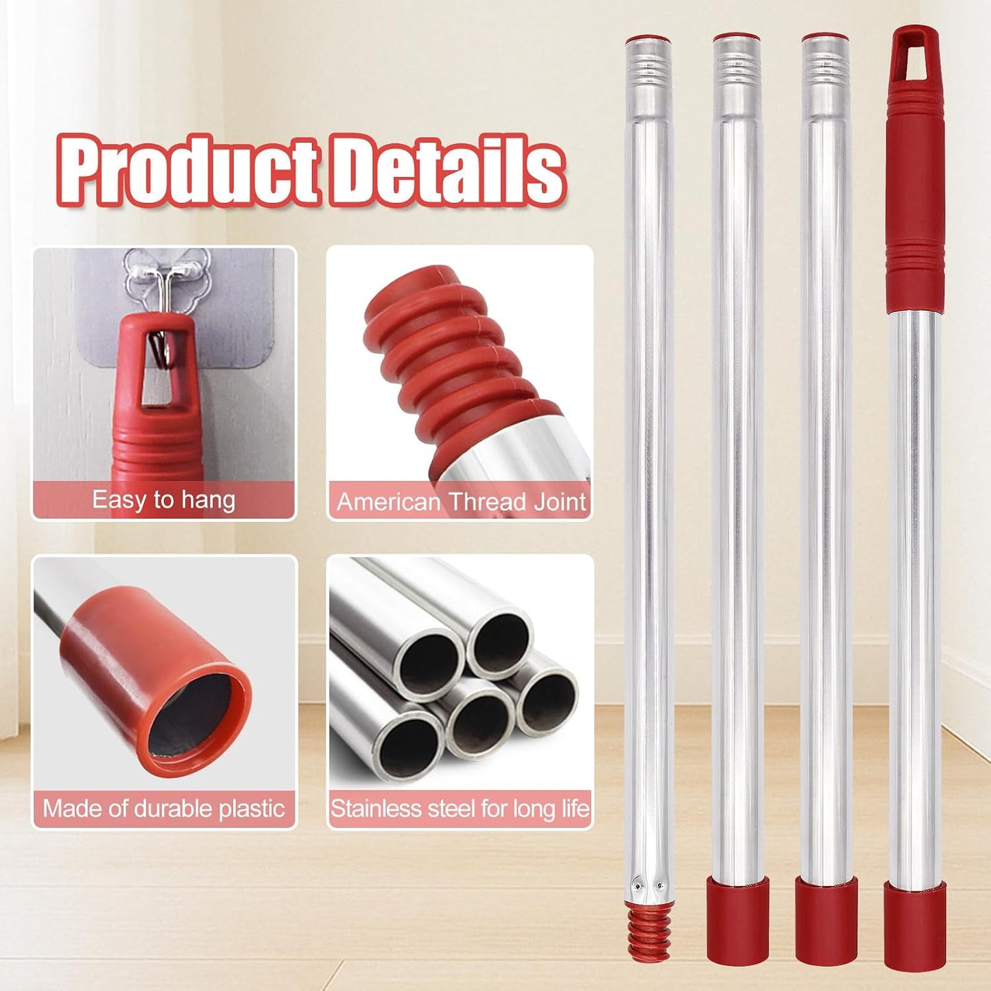4-Section Spin Mop Handle Replacement, 30 to 58 inch Stainless Steel Handle Easy Install, Resistant to Deformation, American Threaded Joint, Compatible with O-Ceda Spin Mop Easy Wring Spin Mop Head