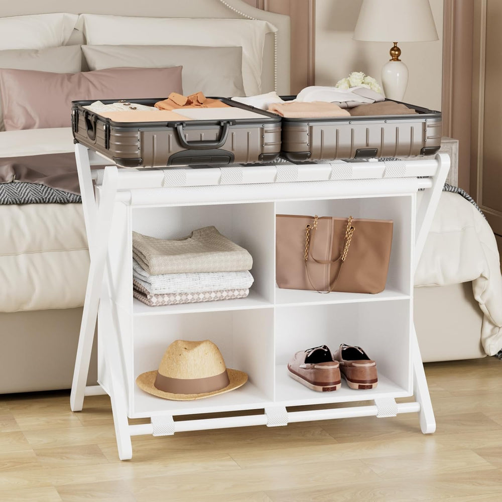 White Bamboo Luggage Rack with 4 Storage Compartments, Foldable Suitcase Stan...