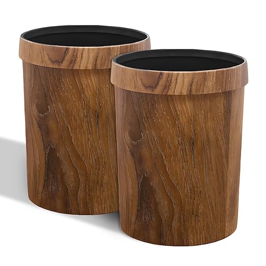 Wood Grain Plastic Trash Can Bedroom, Round 2-Pack, 3.4 Gal Farmhouse by CiaoStilista