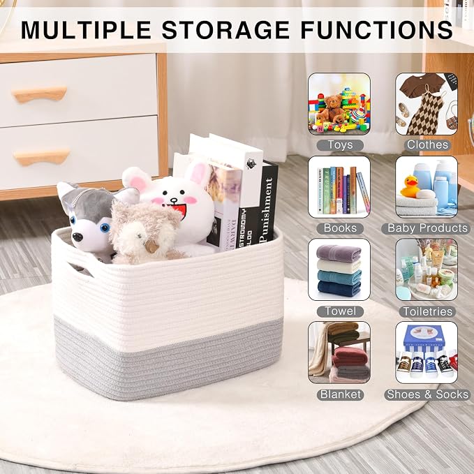 Storage Baskets for Organizing Shelves, Woven Cotton Rope Bins for Baby Nursery - Image 4