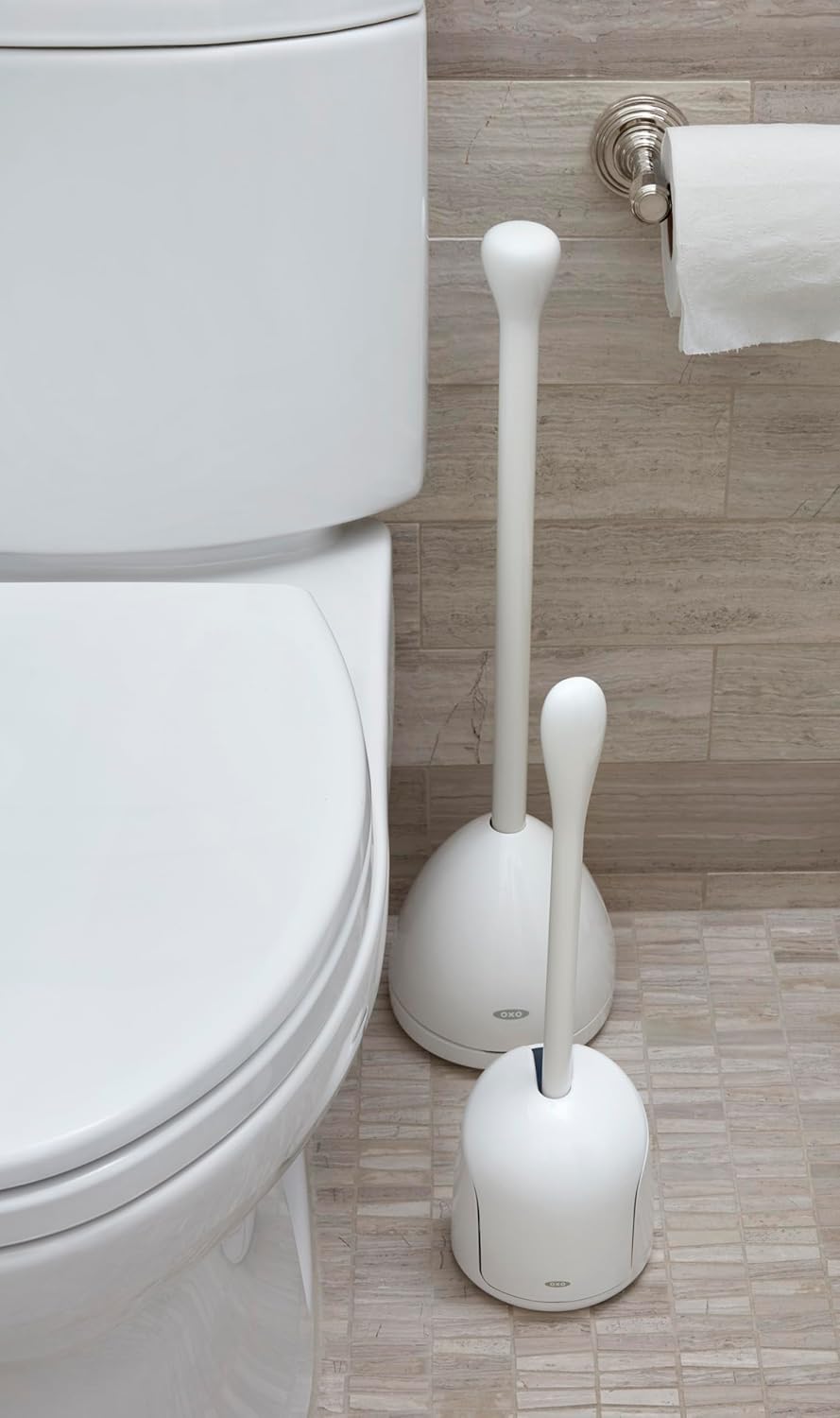 OXO Good Grips Compact Toilet Brush & Canister, Toilet Bowl Brush and Holder with Automatic Canister Door, Bathroom and Small Spaces Cleaning Supplies Essential
