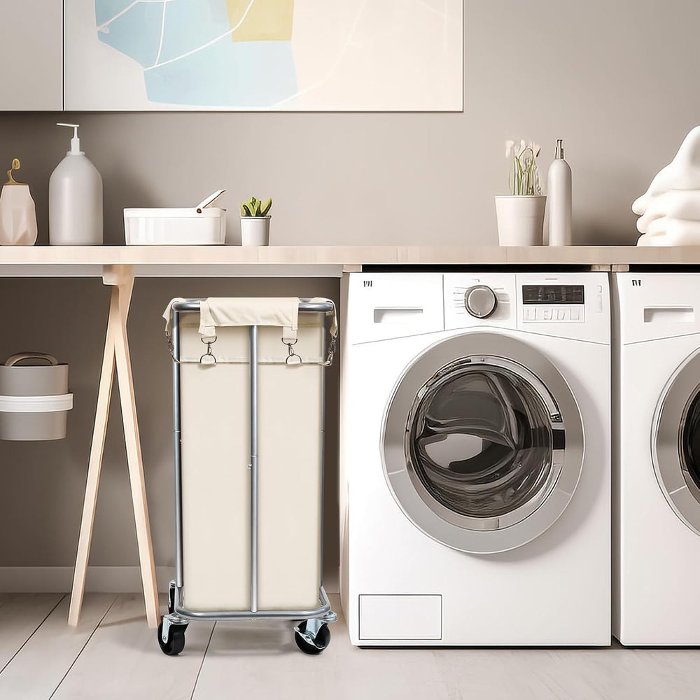 100L Rolling Laundry Hamper Basket with Wheels for Bedroom, Beige
