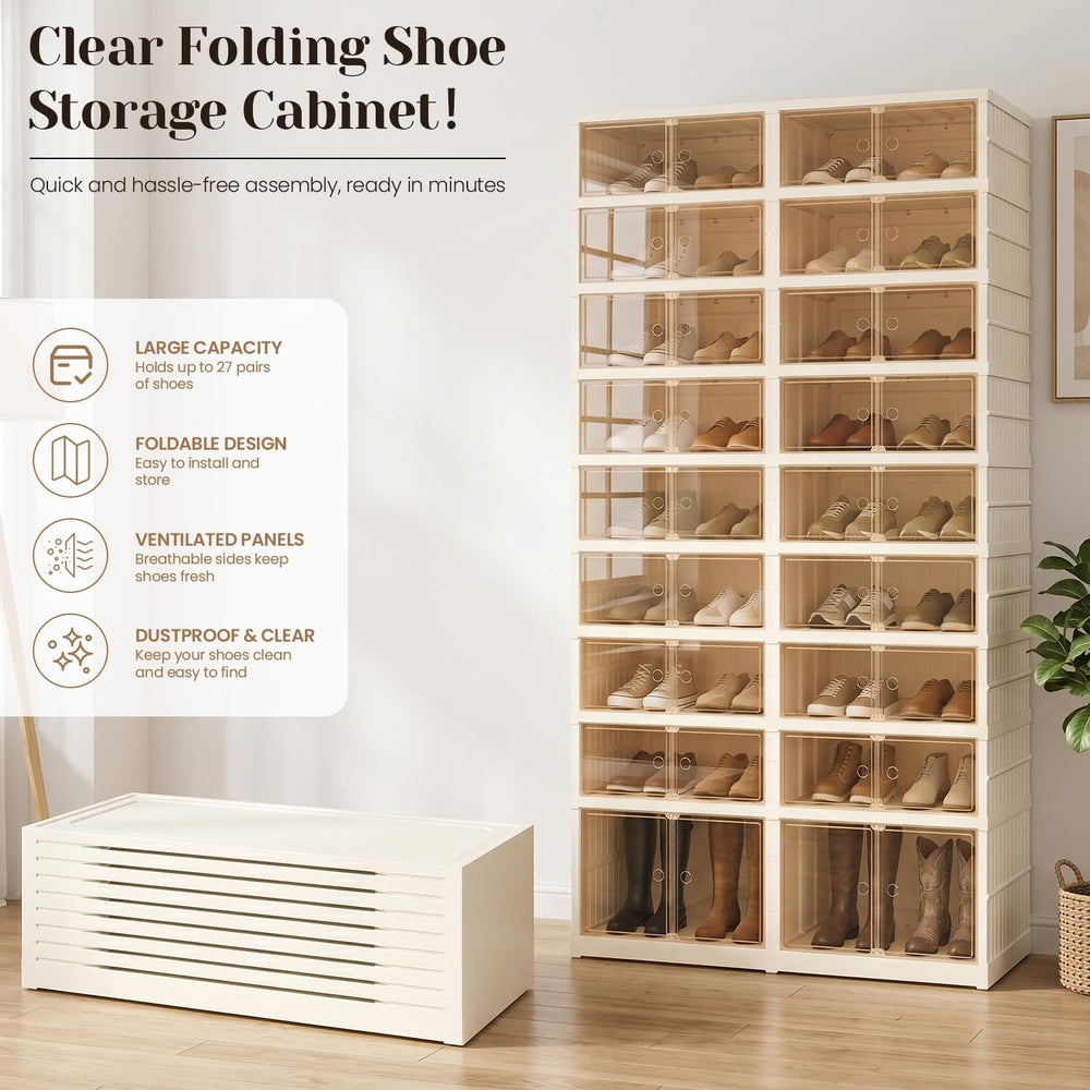 Collapsible Shoe Rack Organizer, Clear Doors Plastic Shoe Storage Cabinet