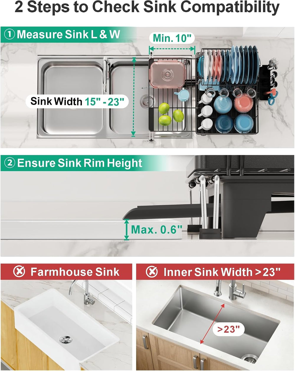 iSPECLE 2 Tier Dish Drying Rack - Expandable Over Sink & Counter Use, Black
