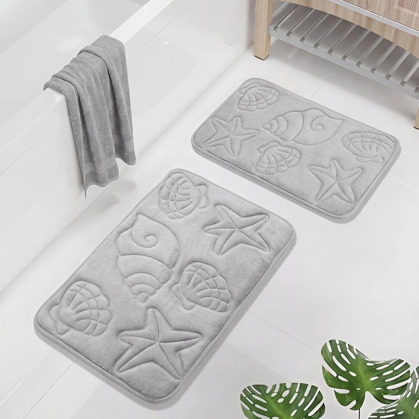 Tinideya Set of 2 Memory Foam Shell Starfish Bath Rugs Sets Ocean Beach Bathroom Mat Soft Absorbent Non Slip Floor Carpet for Coastal Bedroom Living Room Kitchen Entryway Indoor Decorations