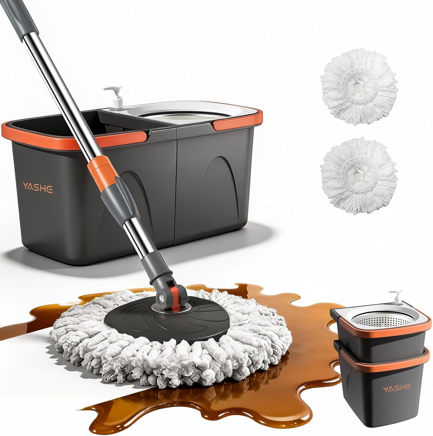 YASHE Foldable Spin Mop and Bucket System, Dual-Bucket Cleaning & Stainless Steel Wringing, Collapsible Storage with Detergent Bottle, 2 Reusable Microfiber Mop Heads for Floor Cleaning