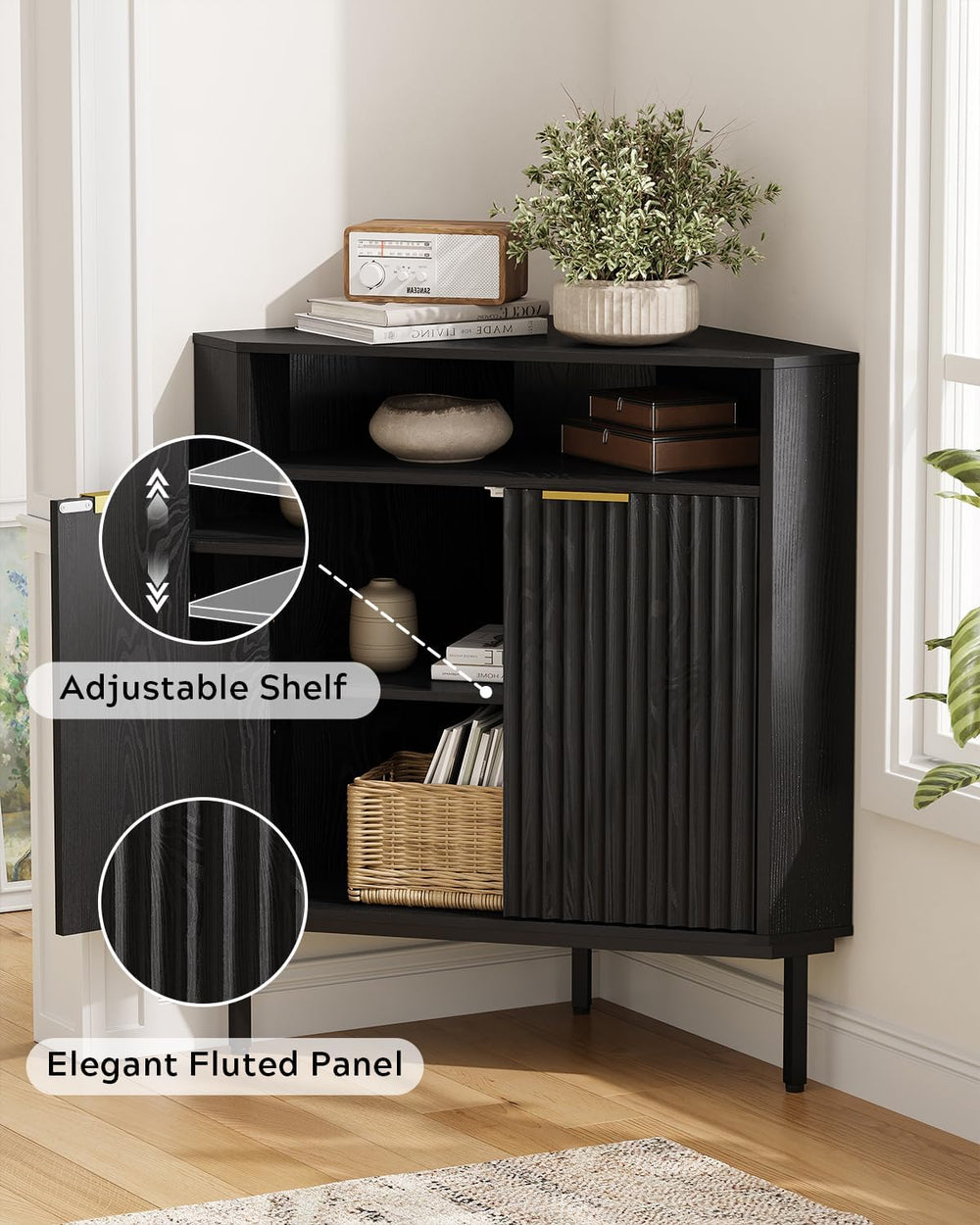 Fluted Corner Cabinet with Storage, Modern Floor Cabinets with Adjustable She...