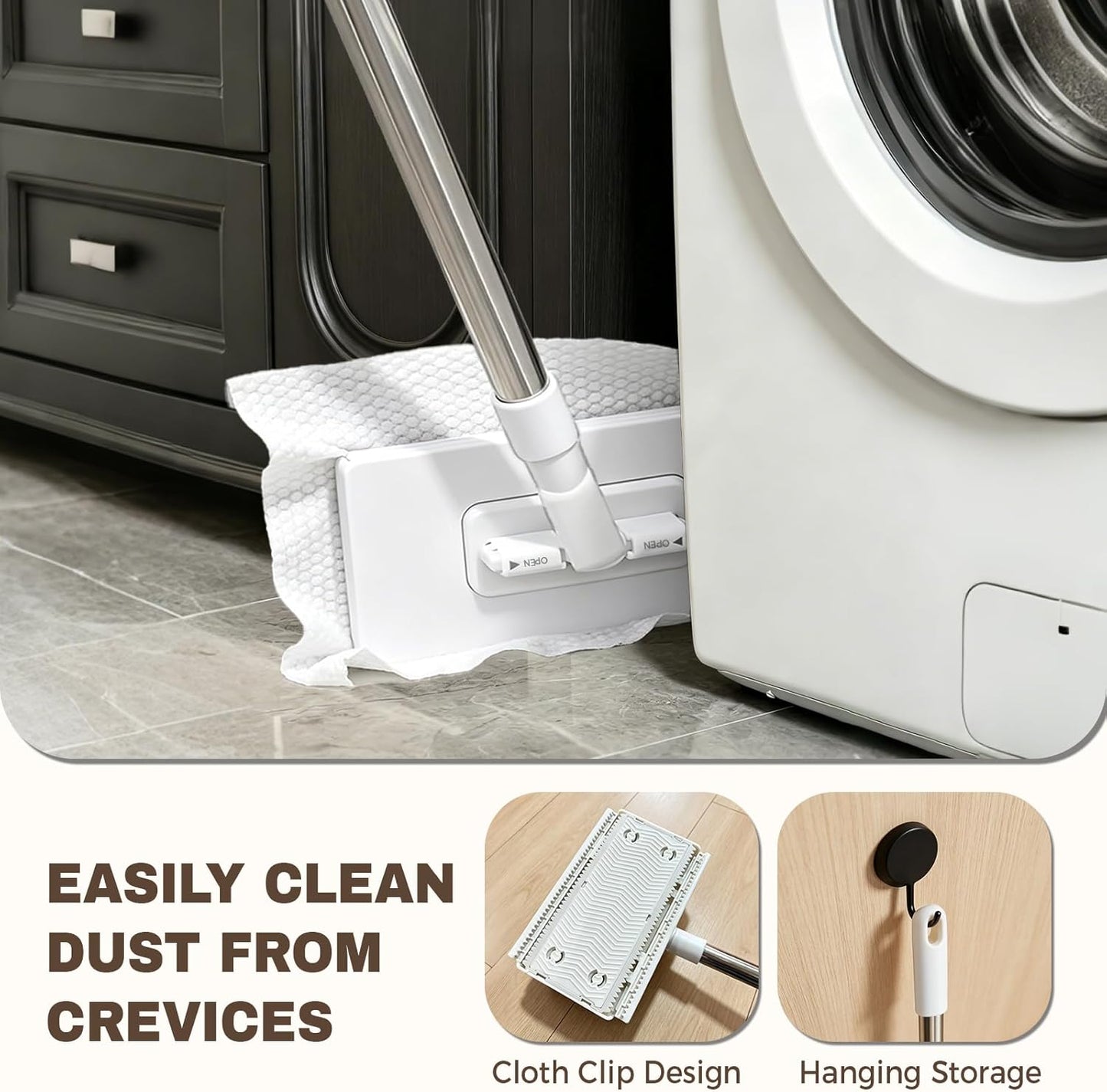 Snap Grip Mini Mop, Zero Touch Gap Dust Cleaner & Locking Head, Cloth Changing Mini Mop, for Kitchen Bathroom Toilet Corners Window Wall Cleaning(10 Reusable Cloths)