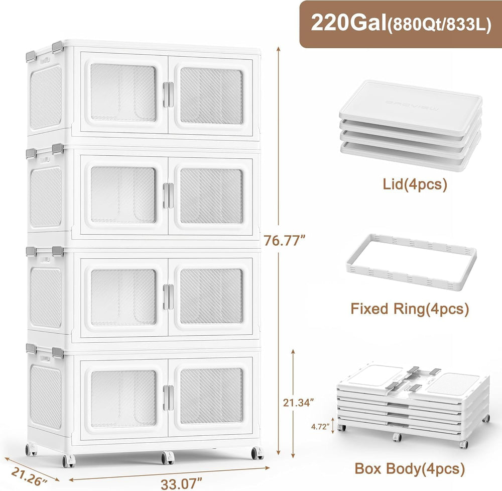 BROVIEW 220Gal Extra Large Storage Bins with Lid and Wheels, White, 4 Pack