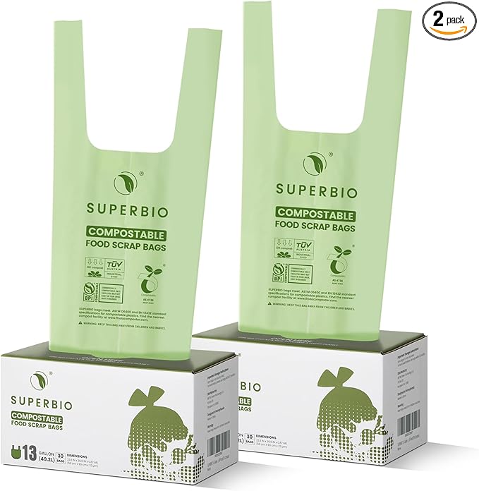 SUPERBIO 13 Gallon Handle Tie Compostable Food Waste Bags, 2 Pack, ASTM D6400 by SUPERBIOCOMPOSTABLEBAGS