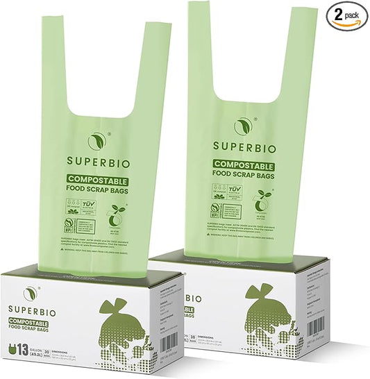 SUPERBIO 13 Gallon Handle Tie Compostable Food Waste Bags, 2 Pack, ASTM D6400 by SUPERBIOCOMPOSTABLEBAGS