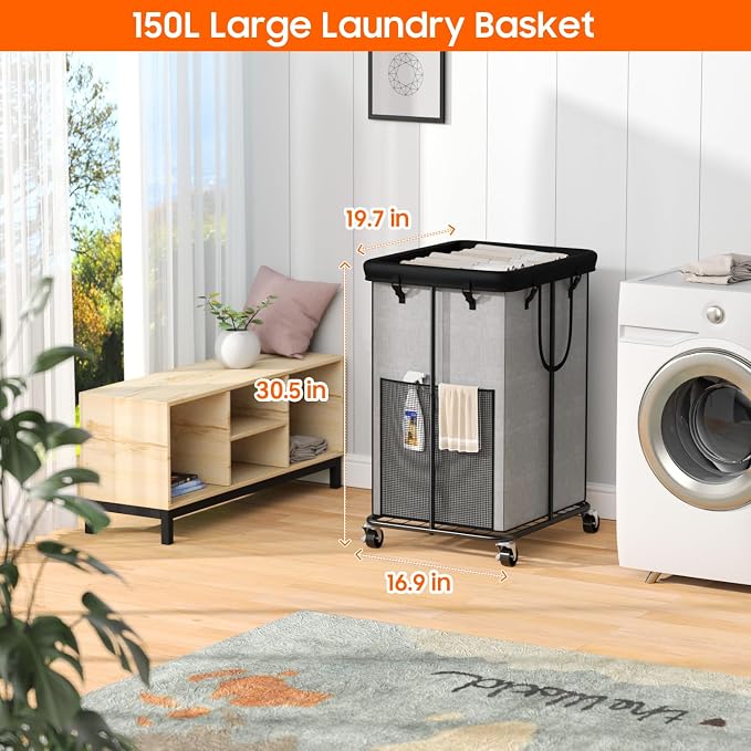 150L Laundry Hamper with Wheels, Rolling Laundry Basket with Metal Frame and - Image 2