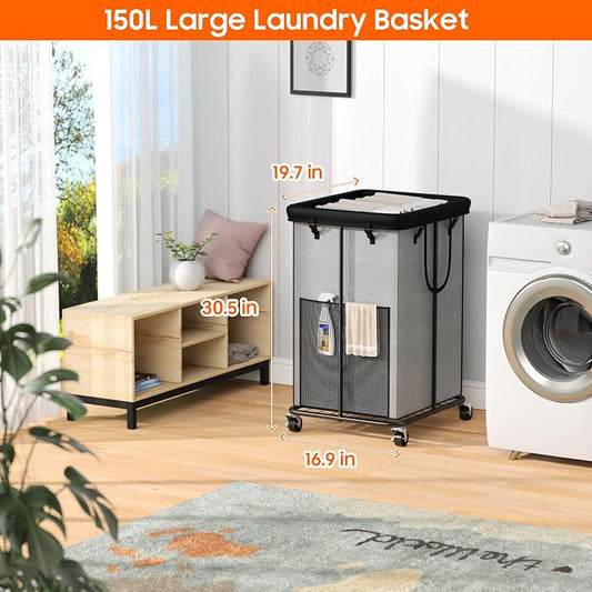 150L Laundry Hamper with Wheels, Rolling Laundry Basket with Metal Frame and - Image 2