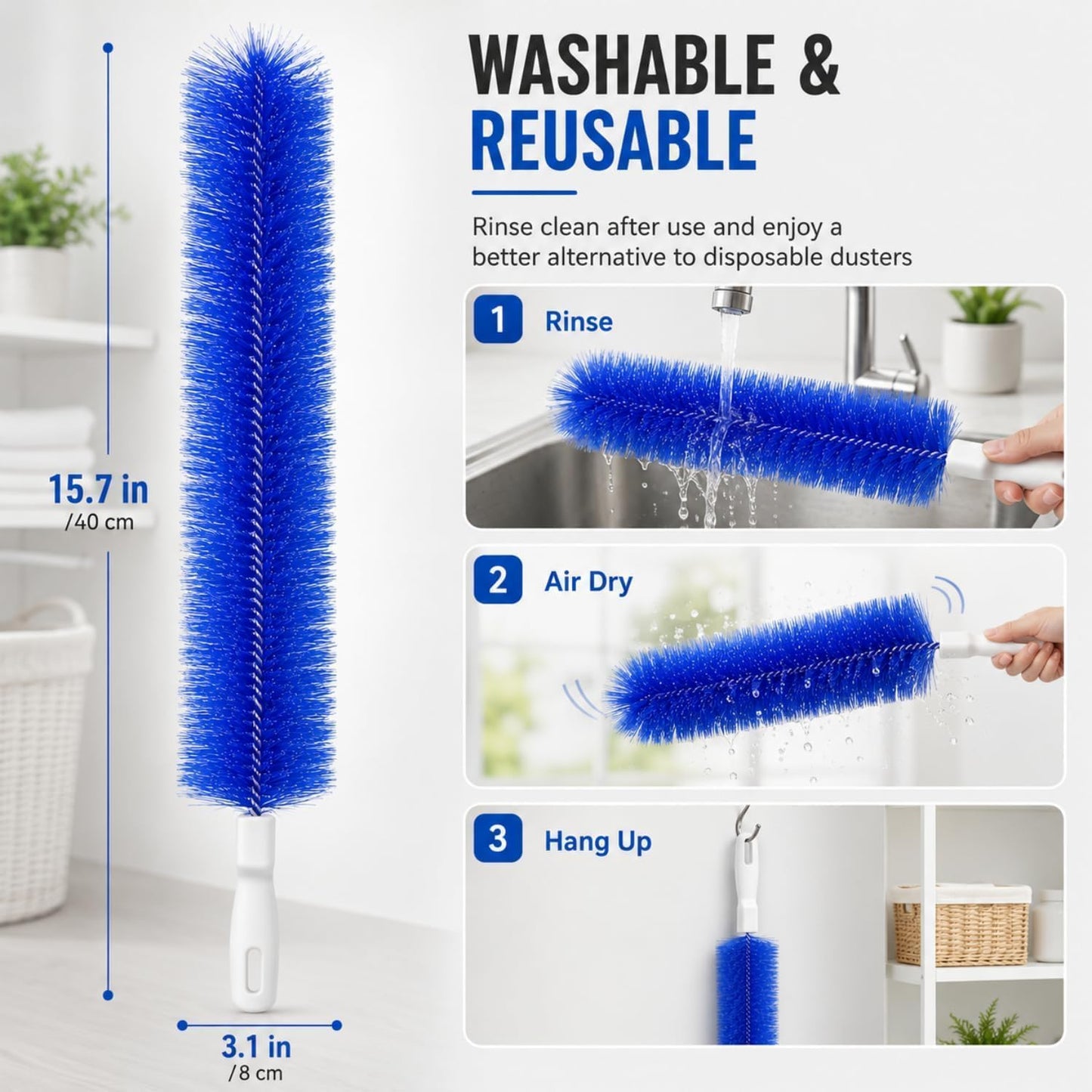 Bendable Microfiber Head, Reusable Dust Remover, 90° Flexible Ceiling & Fan Dust Magnet, Fan Cleaning Brush, Multi-Purpose Dust Removal Brush (2pcs-Blue)