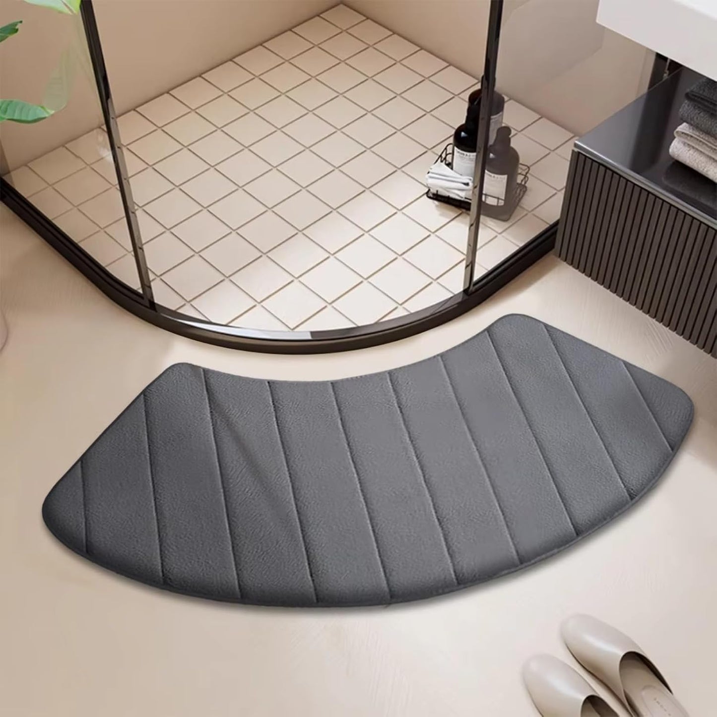 Arched Fan-Shaped Bathroom Door Mat, Flannel Plush Absorbent Non-Slip Shower Room Entrance Mat, Curved Toilet Floor Rug (Blue,40x100cm)