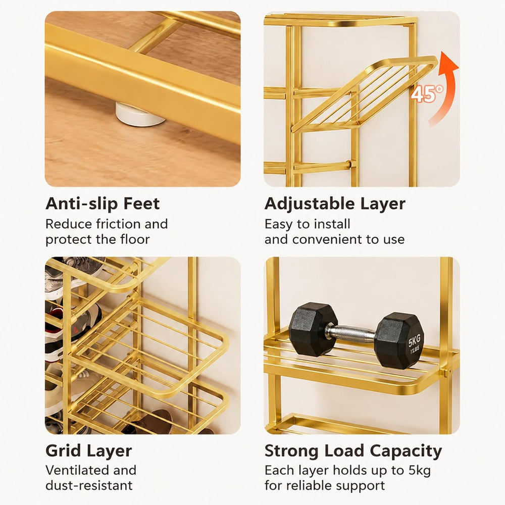 JSWHYBD Gold Shoe Rack Tower, Narrow Metal Organizer for Small Spaces