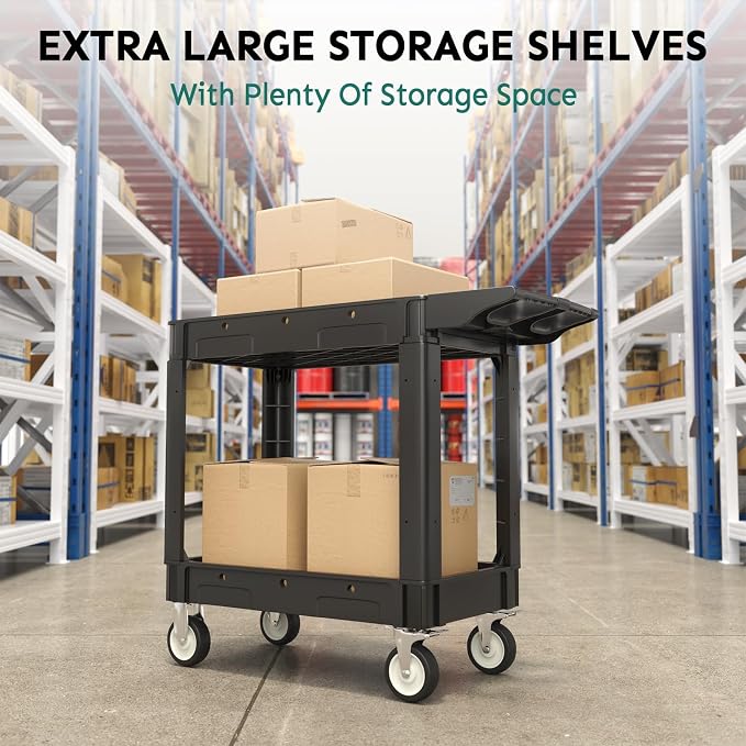 2 Shelf Heavy Duty Plastic Utility Cart, Service Cart Tub Storage W/Deep Shelve - Image 6