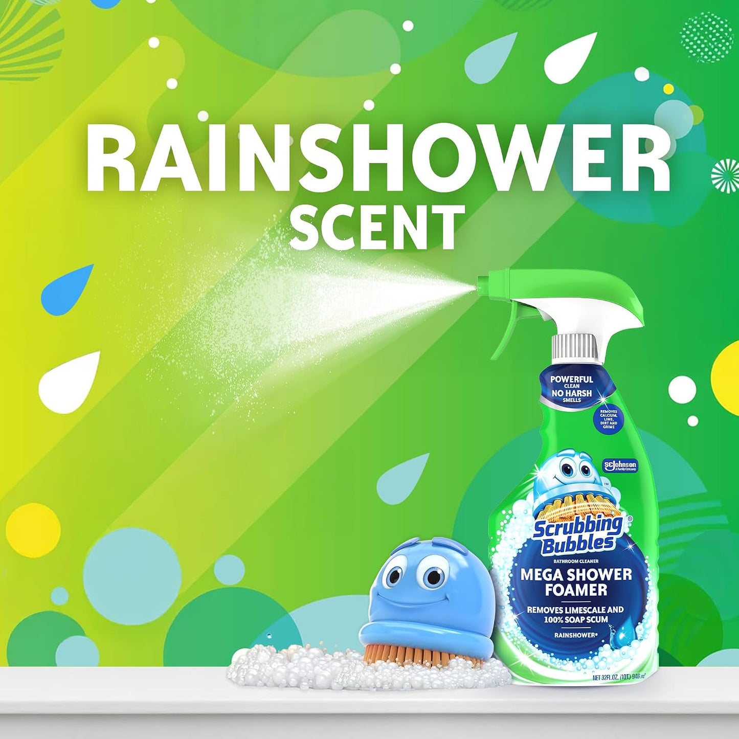Scrubbing Bubbles Mega Bathroom and Shower Cleaner Spray, Foaming Action Removes Limescale and Soap Scum, Rainshower Scent, 32oz