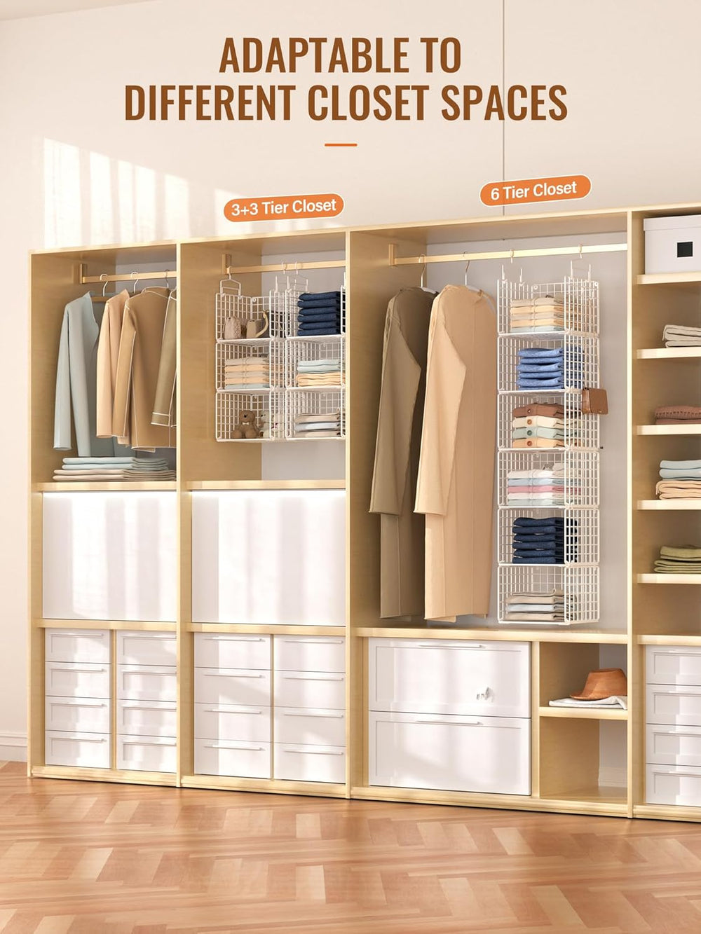 6 Tier Closet Hanging Organizer, Metal Closet Organizers and Storage with 4 H...