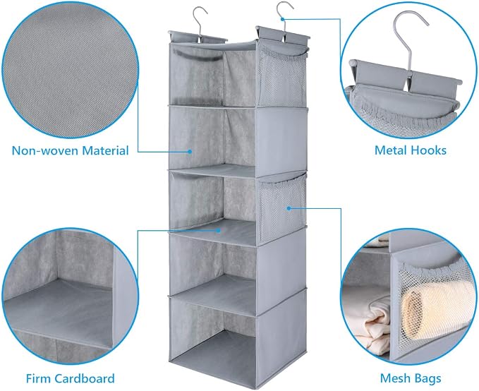 MAX Houser 5 Shelf Hanging Closet Organizer, Space Saver, Closet Hanging Shelves - Image 5