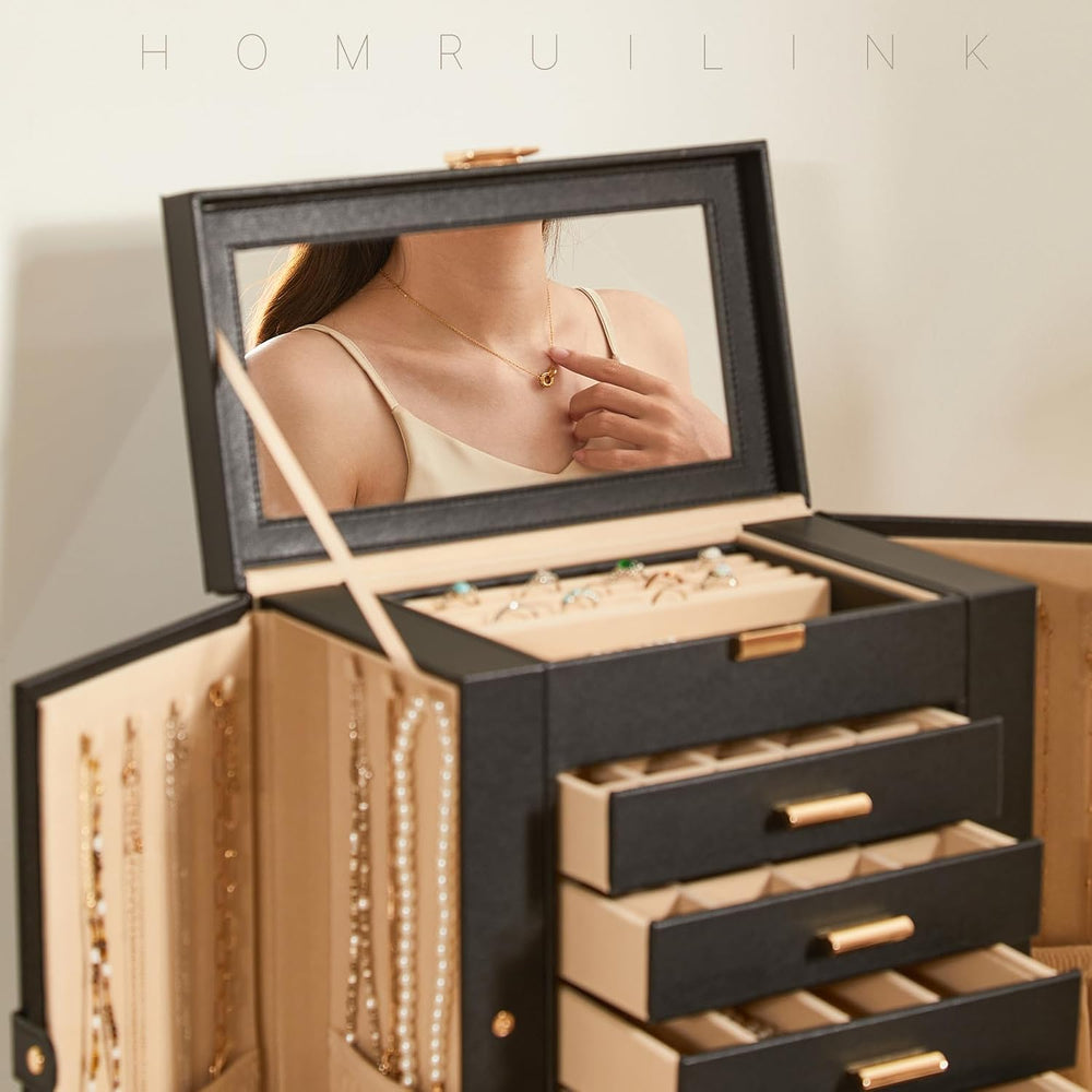 Large Leather Jewelry Box for Women, Mirror, 6 layer, Black