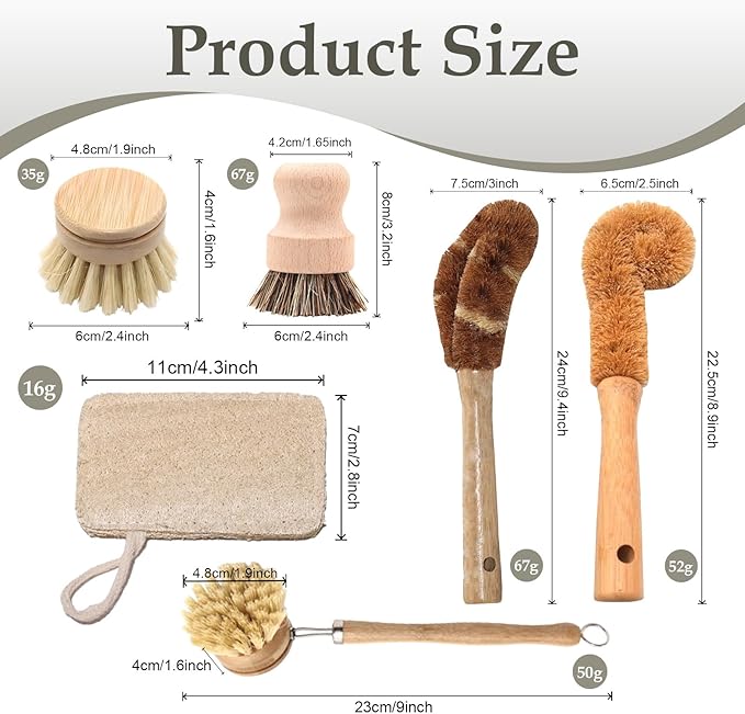 Haploon 7 Piece Wooden Dish Brush Natural, Bamboo Brush Kitchen Set Dish - Image 2