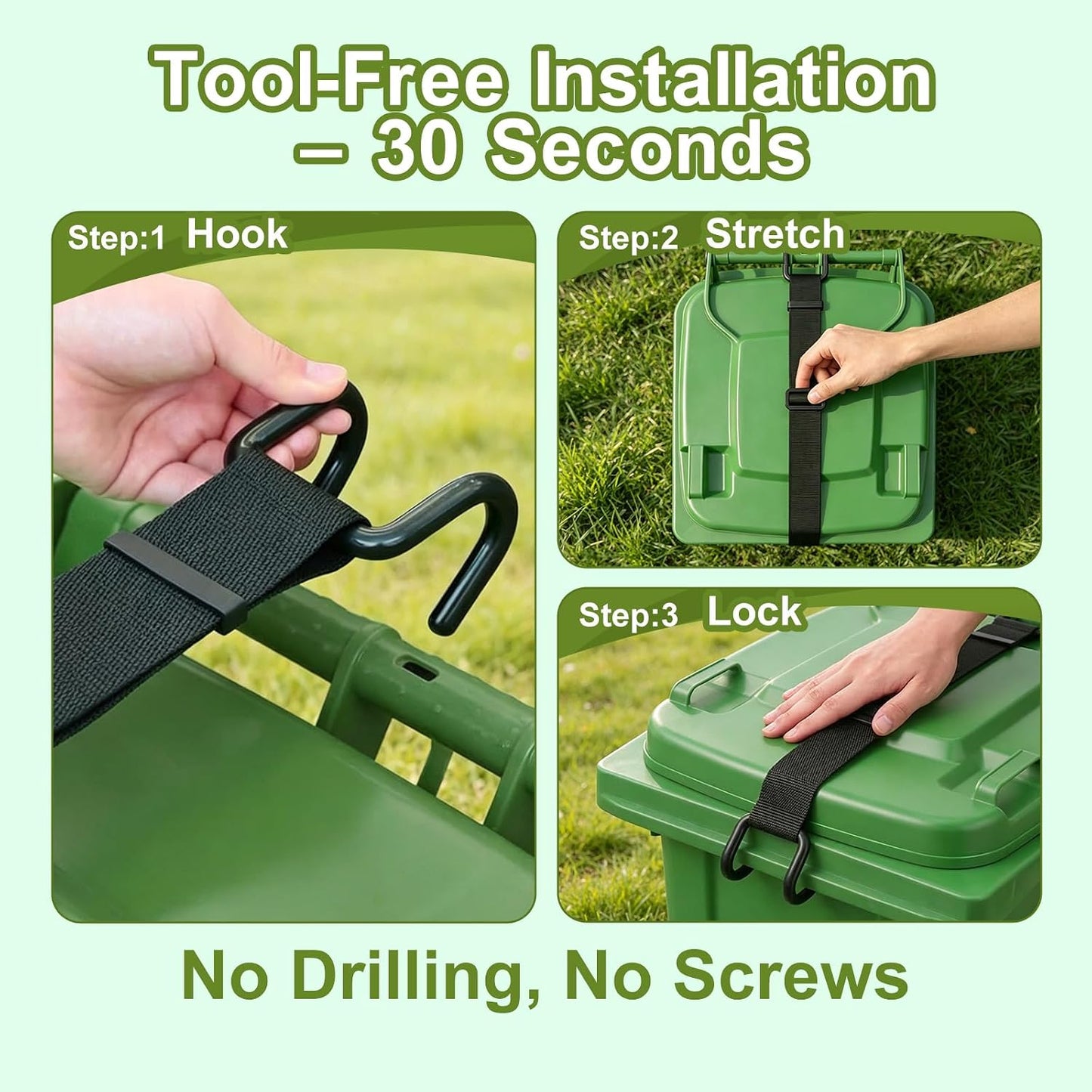Trash Can Lock - 2 Easy-Pull Tabs for Clean Hands, Bear & Raccoon Proof Lid Lock with Heavy Duty Metal Double Claw Hook, Windproof Adjustable Strap, Fits 28-96 Gal Outdoor Bins