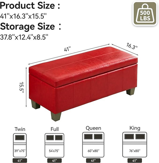 41" Faux Leather Storage Ottoman, Stitch Tufted Rectangle Upholstered End of - Image 2