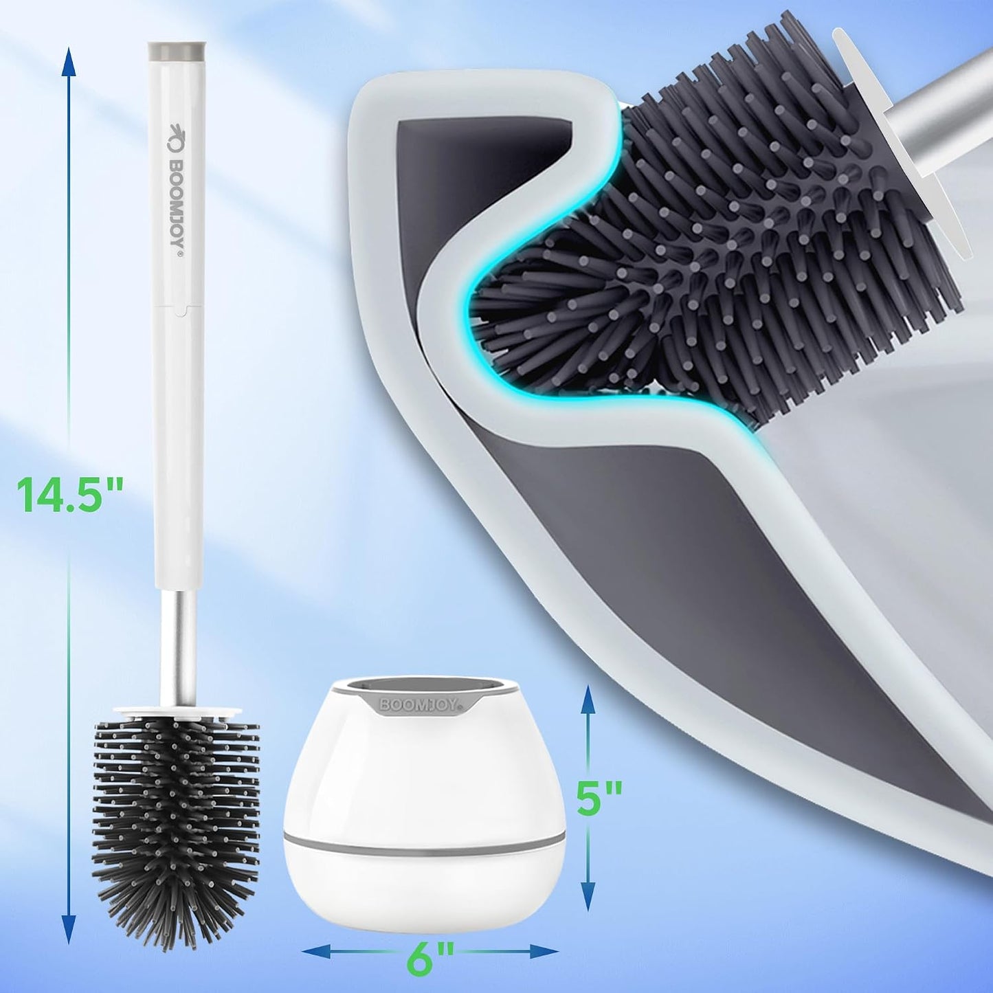BOOMJOY Toilet Brush and Holder Set, Silicone Toilet Bowl Cleaner Brush, Bathroom Cleaning Bowl Kit with Tweezers, Bathroom Accessories with Aluminum Handle - White