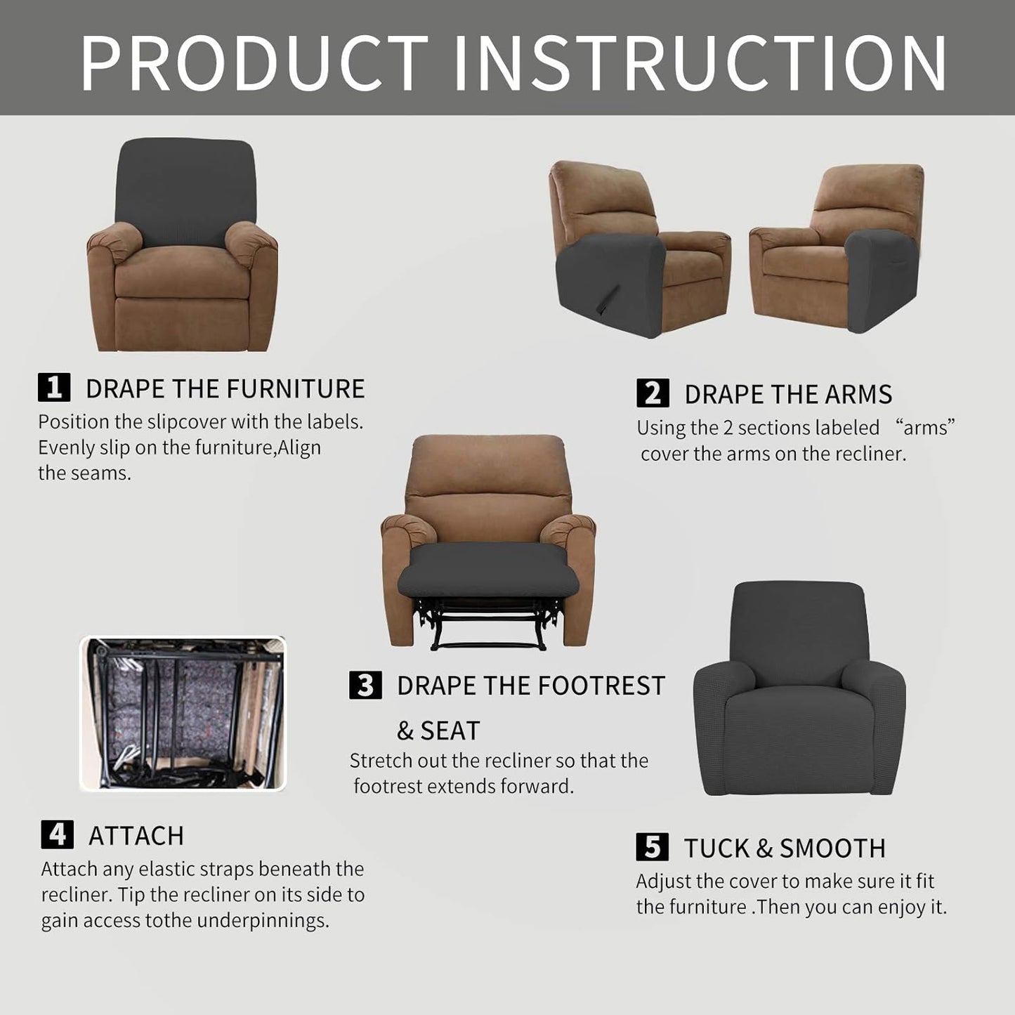Easy-Going Recliner Stretch Sofa Slipcover Sofa Cover 4-Pieces Furniture Protector Couch Soft with Elastic Bottom, Spandex Jacquard Fabric Small Checks(Recliner,Dark Gray)