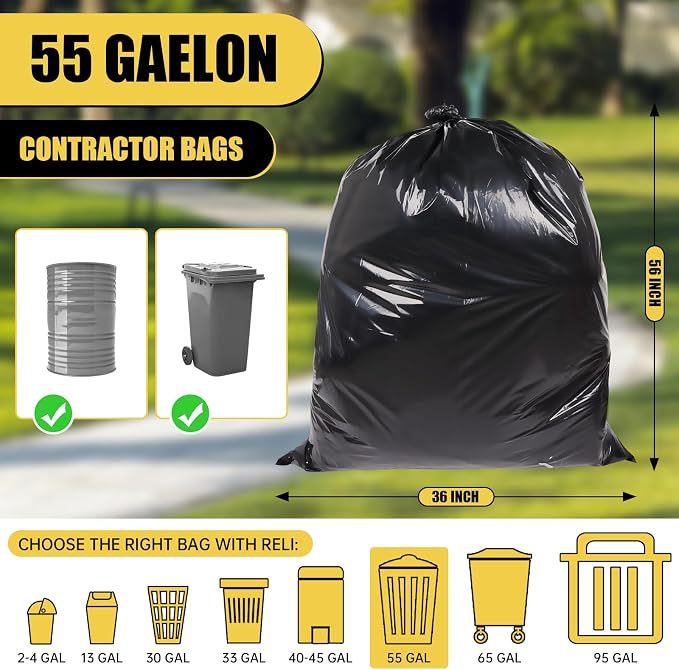 Heavy Duty Extra Large 55 Gallon Black Trash Bags, 1.92 Mil Industrial Garbage - Image 2