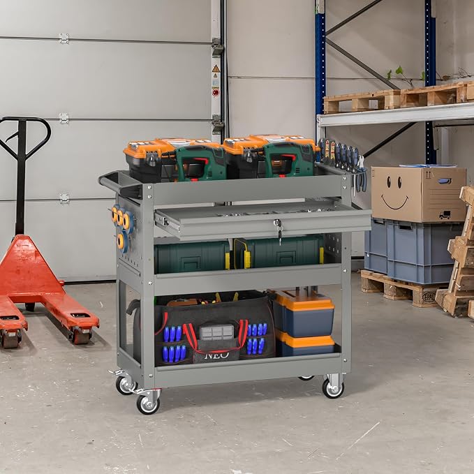 3 Tier Rolling Tool Cart on Wheels, Heavy Duty Industrial Utility Cart Service - Image 6