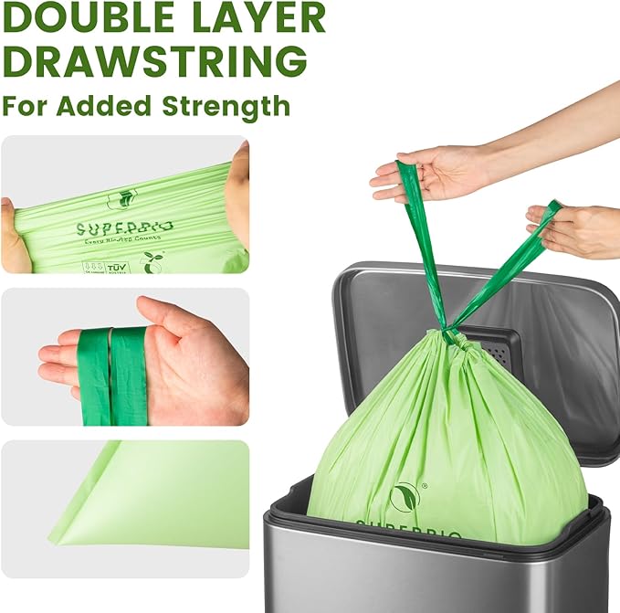 SUPERBIO 4 Gallon Compostable Drawstring Food Scrap Bags, 15.1 Liter, 0.9 Mil - Image 5