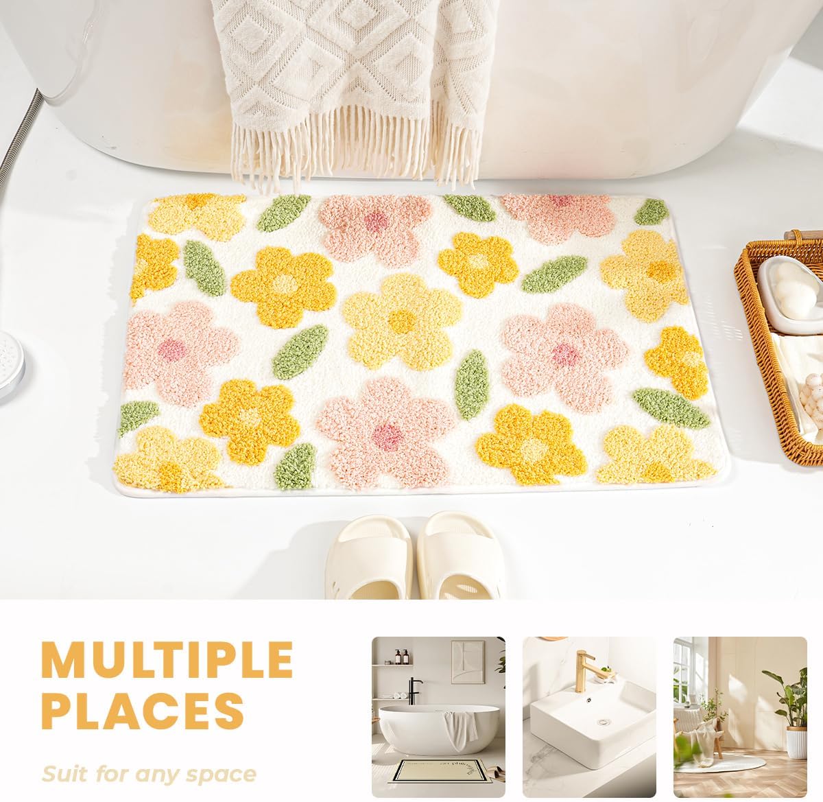 Cute Flowers Bathroom Rug Non Slip and Super Absorbent Bath Mat Machine Washable Bath Carpet Soft Microfiber Rug for Dining Room, Kitchen and Living Room (Colorful Flowers, 31"x20")