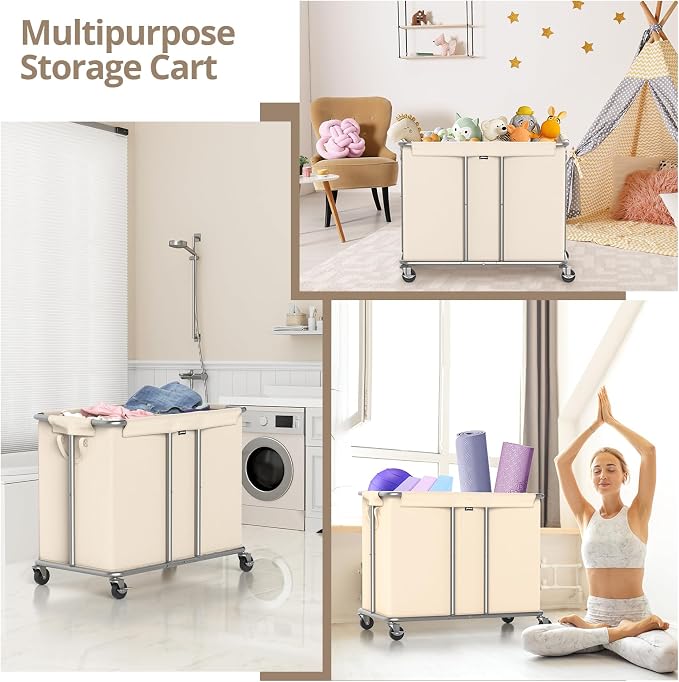 230L Rolling Laundry Hamper, 2-Section Laundry Basket - Image 7