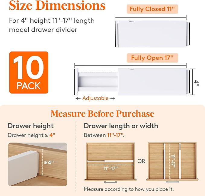 Lifewit 10 Pack Drawer Dividers 4" High, 11-17" Adjustable Dresser Drawer - Image 2