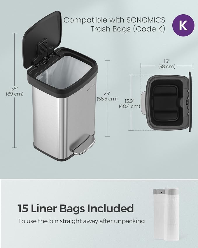 SONGMICS Kitchen Trash Can, 13 Gallon Stainless Steel Garbage Can, - Image 4