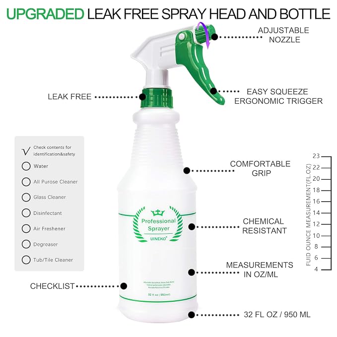 Plastic Spray Bottle 2 Pack, 32 Oz, All-Purpose Heavy Duty Spraying Bottles - Image 2
