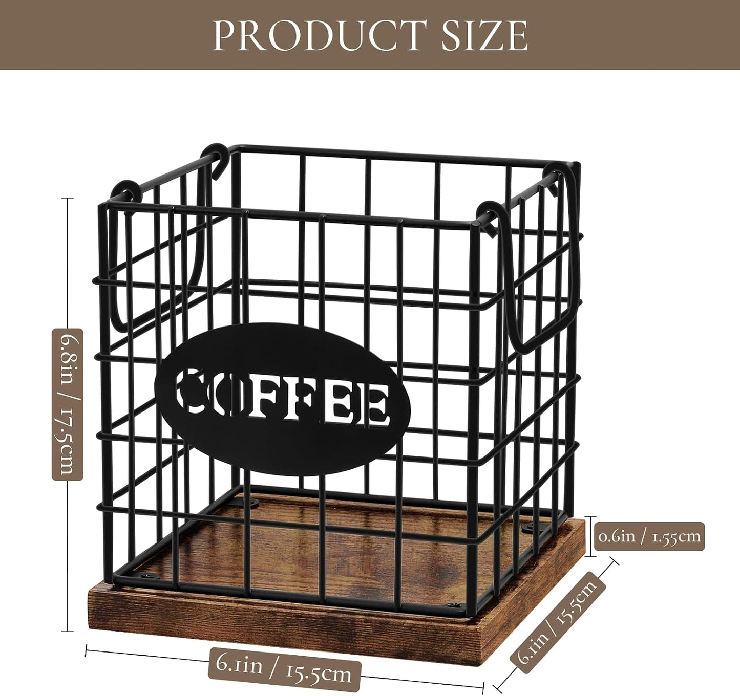 Coffee Pod Holder Organizer, Large Capacity K Cup Holder Organizer | Storage Basket for Kitchen Countertop Office Coffee Bar with Wooden Base & Handle Design (Rustic Brown-Square)