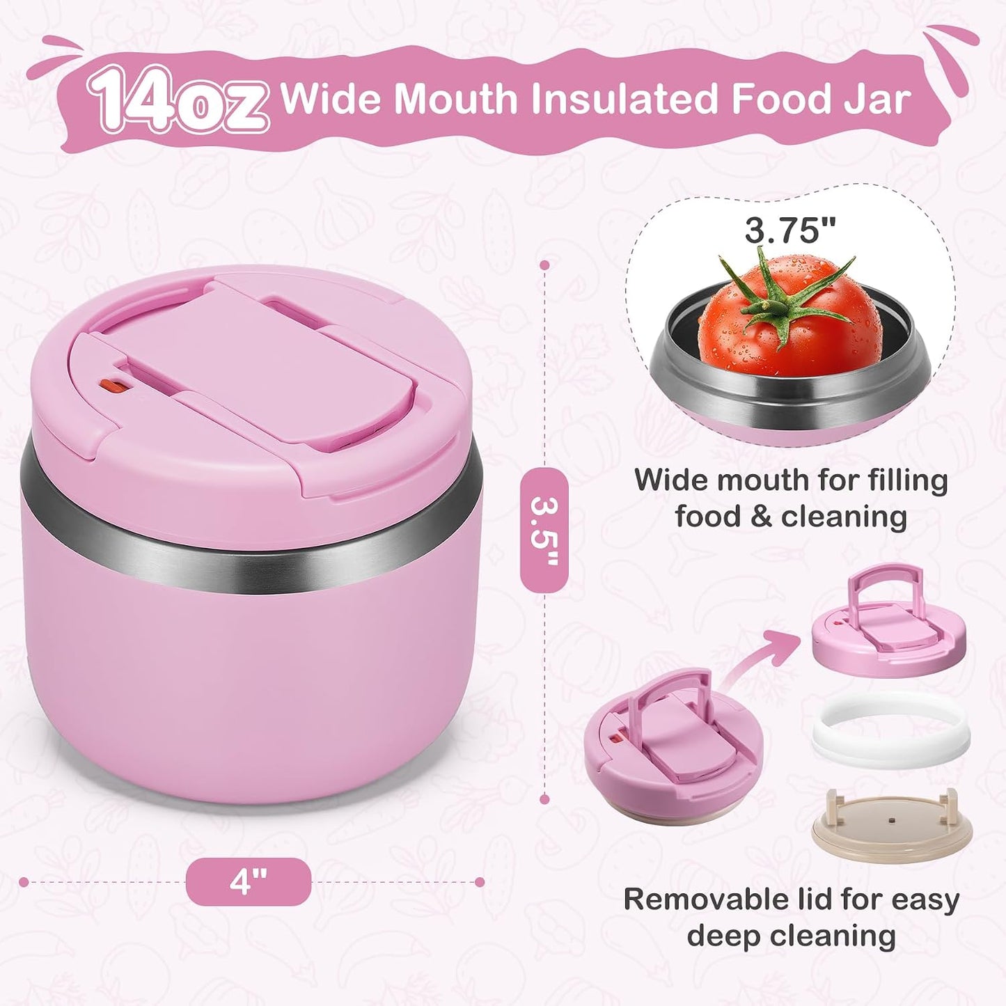 14oz Vacuum Insulated Food Jar with Spoon Buckle Lid, Kids Soup Thermo for Hot Food Wide Mouth Leakproof Stainless Steel Lunch Container - Pink